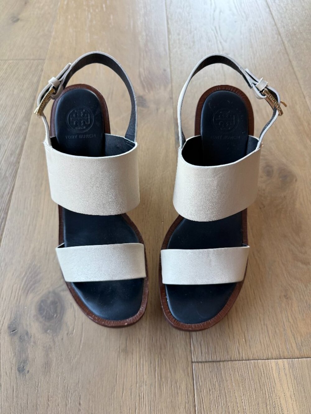 Tory Burch platforms in cream and navy footbed